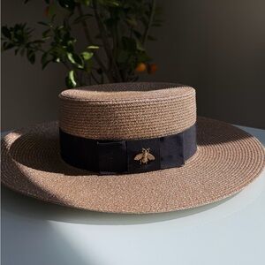 Gucci Brown Straw Boater Hat with Black Ribbon and Gold Bee Pin